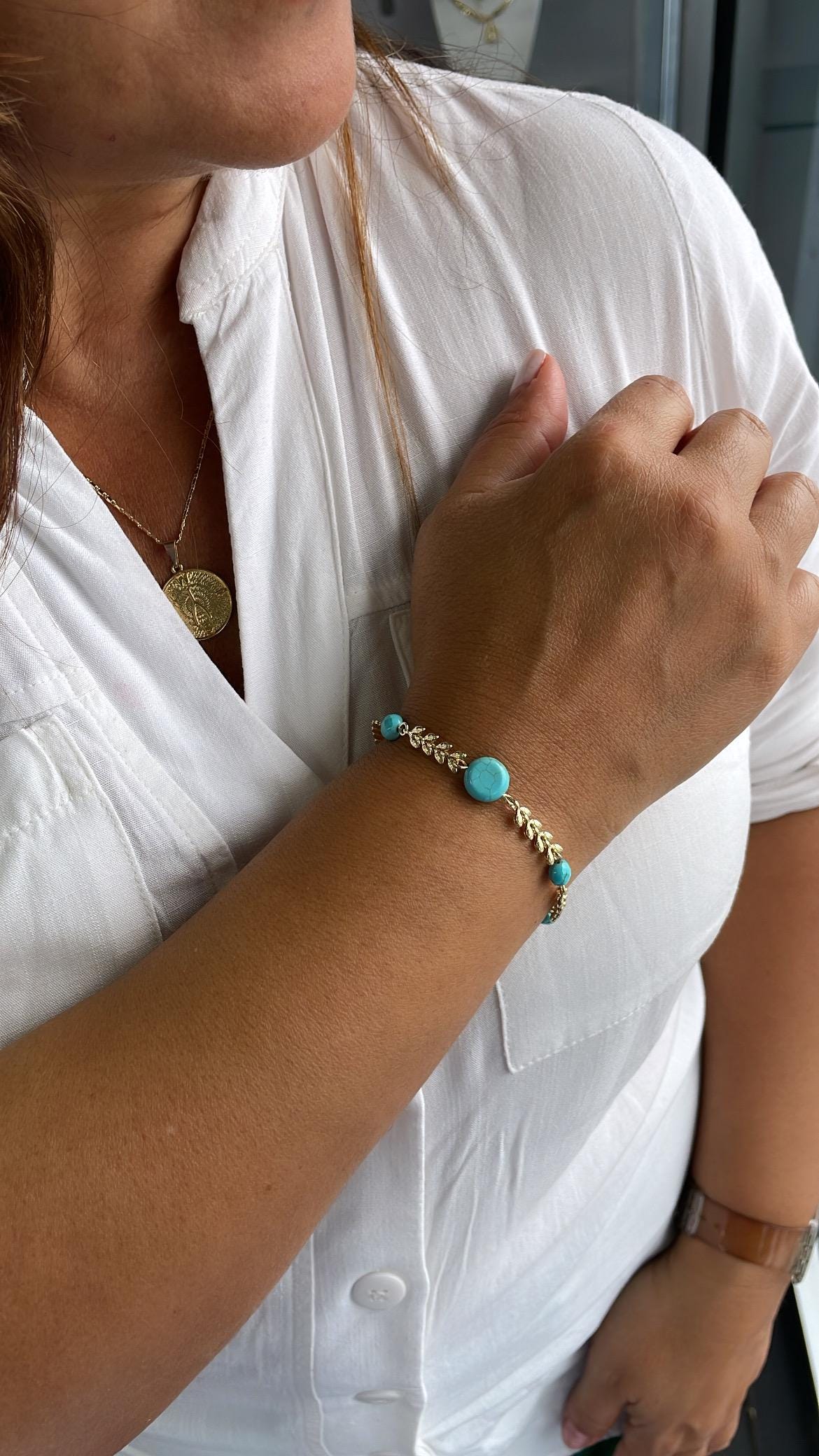 18k Gold Filled Fishtail Link Bracelet with Turquoise Beads