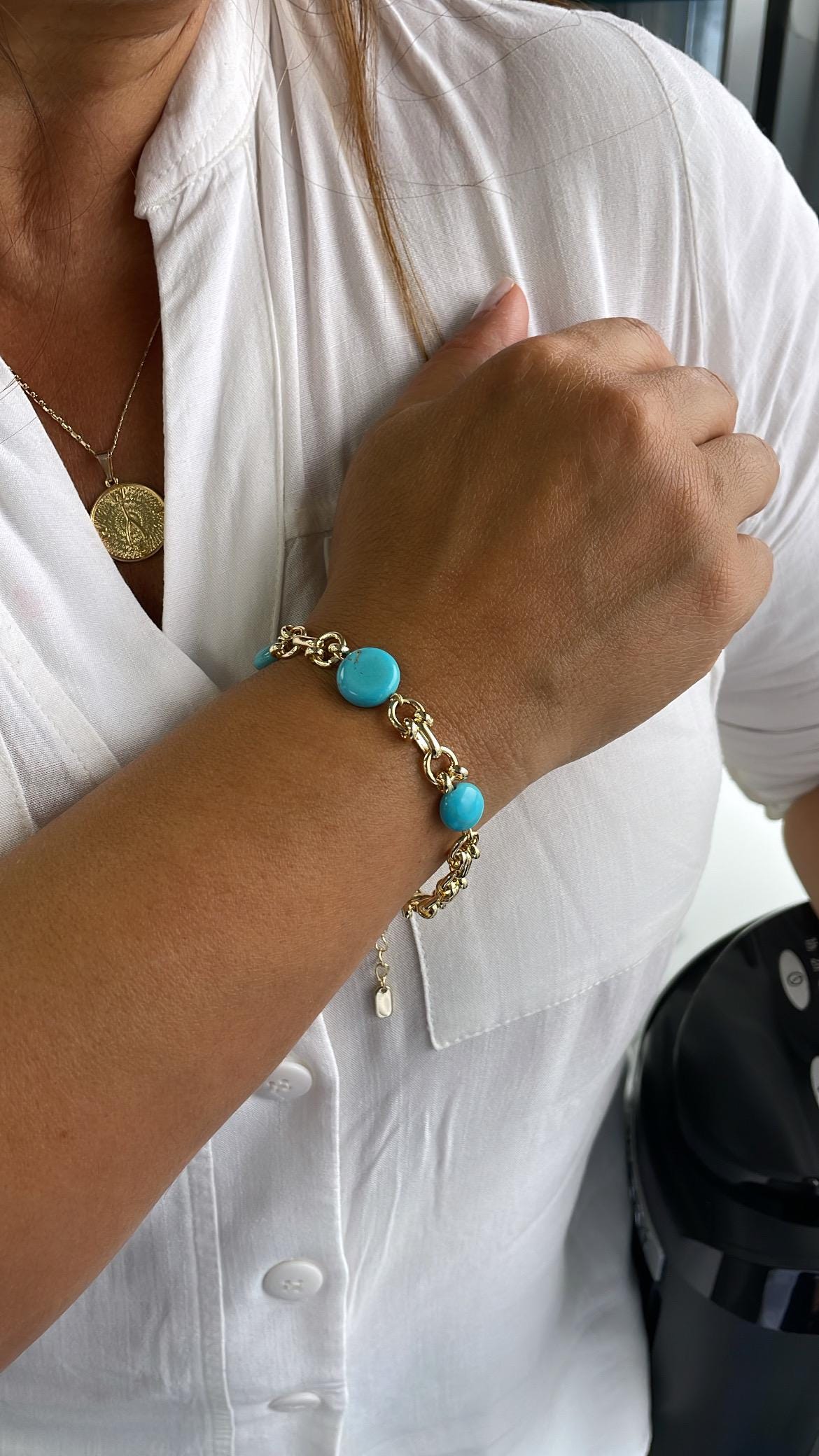 18k Gold Filled Specialty Link Bracelet with Turquoise Disks