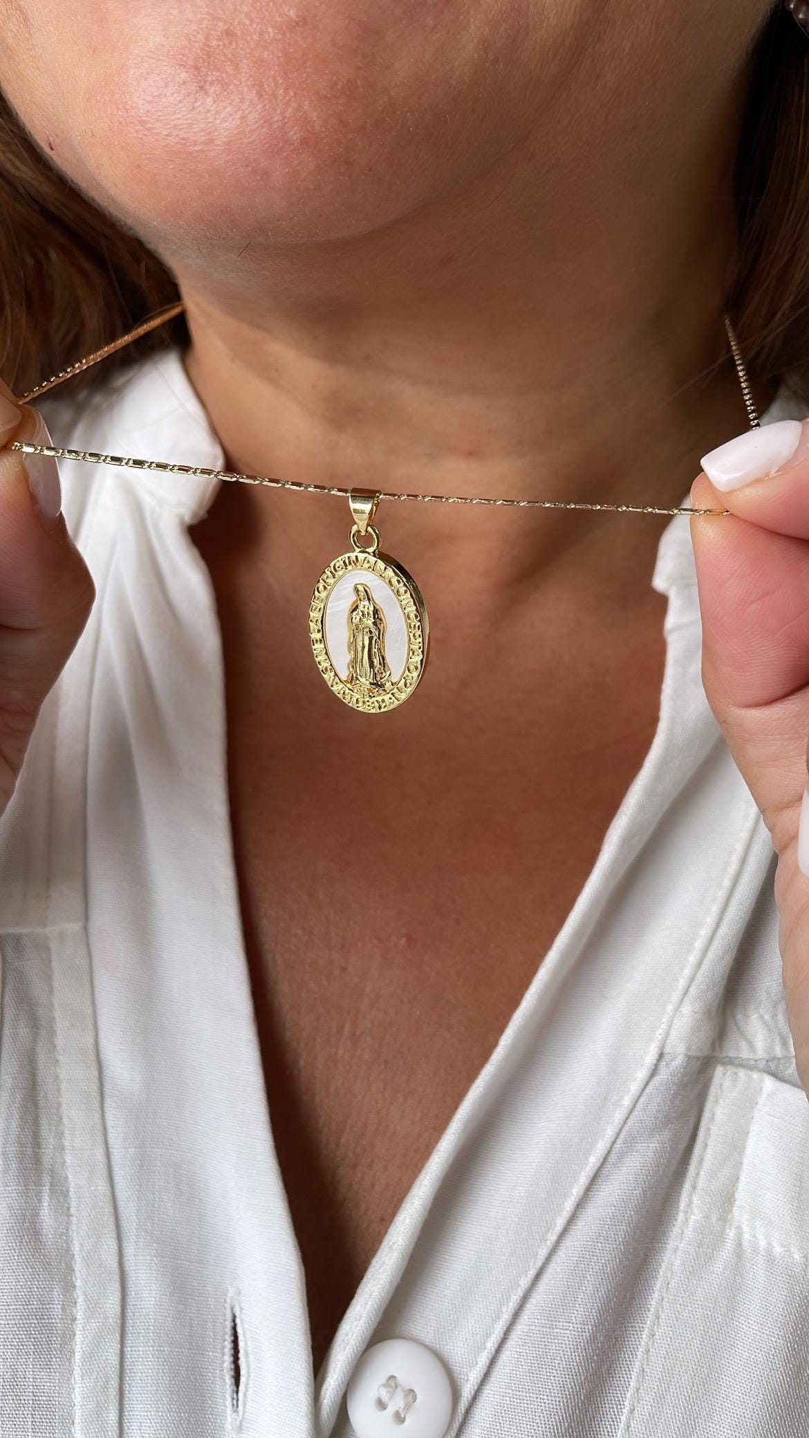 18k Gold Filled Engraved Virgin of Mary Charm with Mother of Pearl