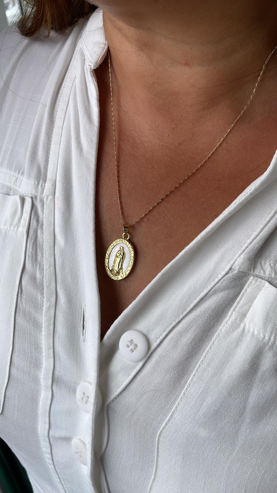 18k Gold Filled Engraved Virgin of Mary Charm with Mother of Pearl