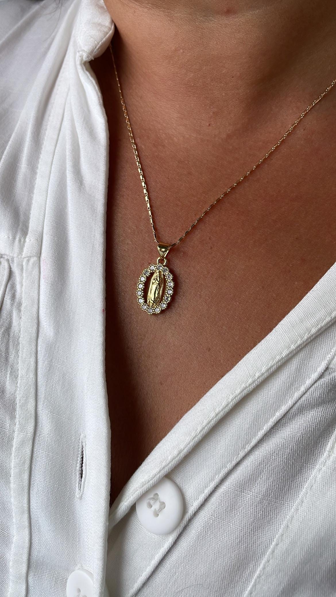 18k Gold Filled Engraved Virgin of Mary Charm Crowned with Round CZ Stones