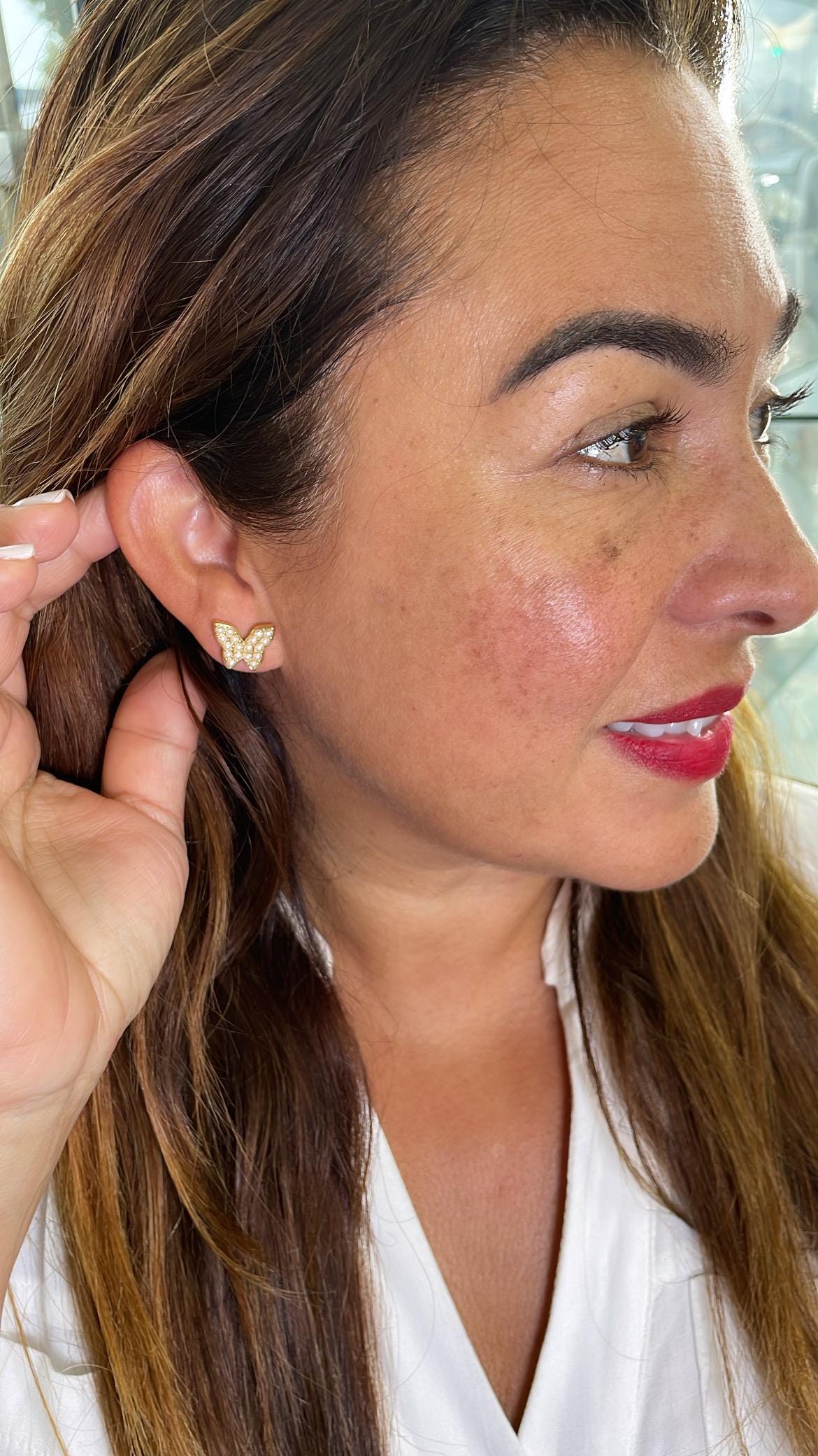 18k Gold Filled Pearl Beaded Butterfly Stud Earrings
