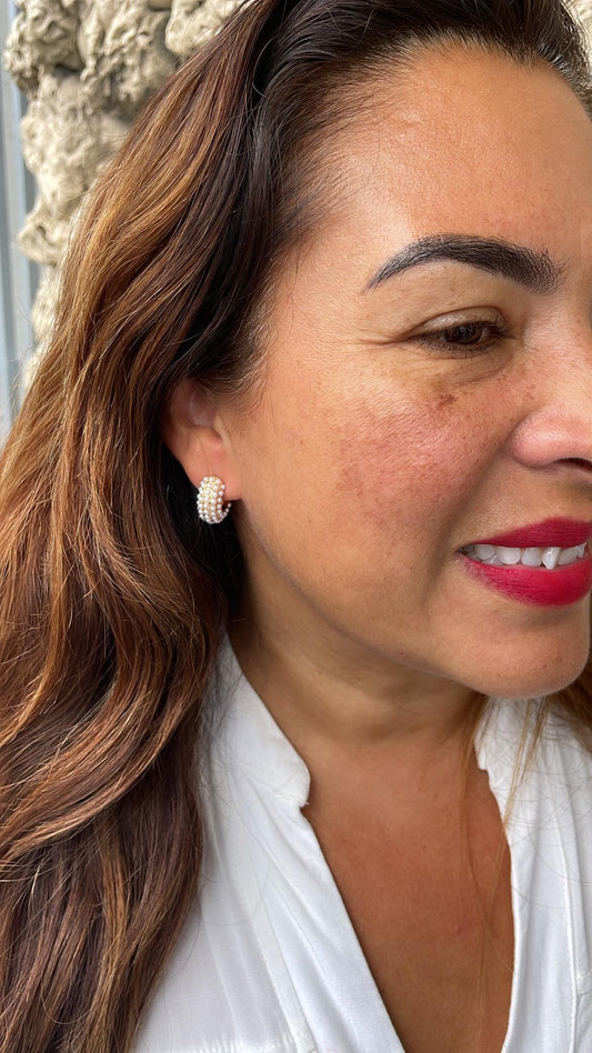 18k Gold Filled Chunky Puffy C-Hoops with Baby Pearls Engraved