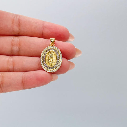 18k Gold Filled Engraved Virgin of Mary Medallion with Baguette and Round CZ