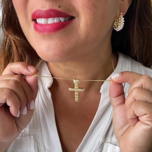 18k Gold Filled CZ Crucifix Pendant with Engraved with Cubic Zirconia and Topped with CZ Heart