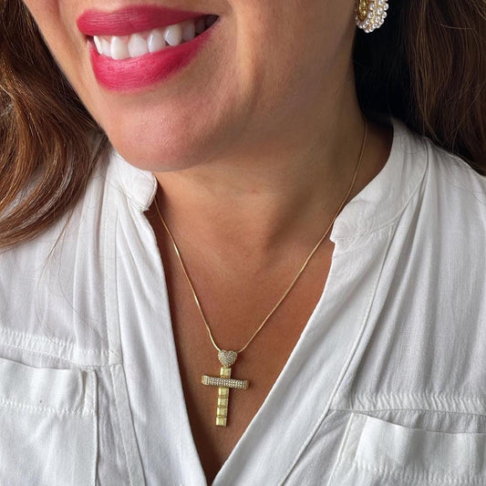 18k Gold Filled CZ Crucifix Pendant - Cubic Zirconia Heart