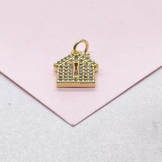 18k Gold Filled Mini House Charm with Key Whole CZ Pave