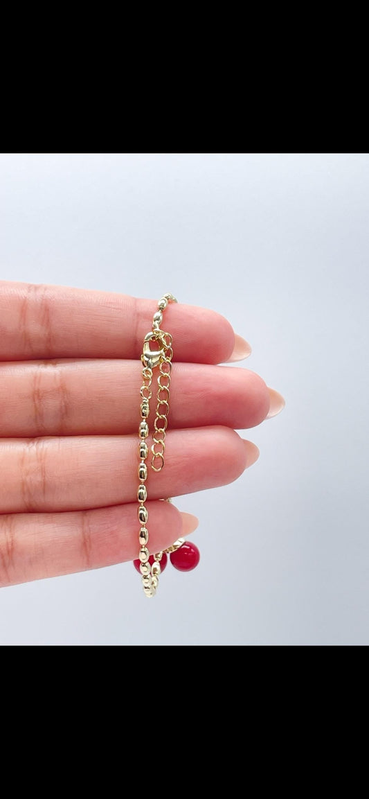 18k Gold Filled Classic Red Cherry Bracelet with Rice Bead Link