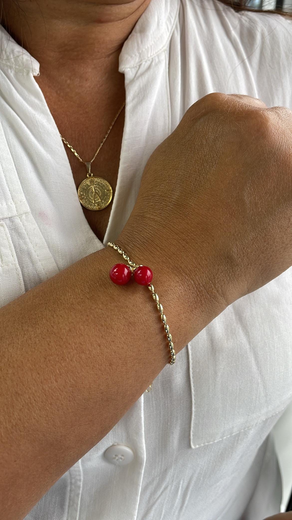 18k Gold Filled Classic Red Cherry Bracelet with Rice Bead Link