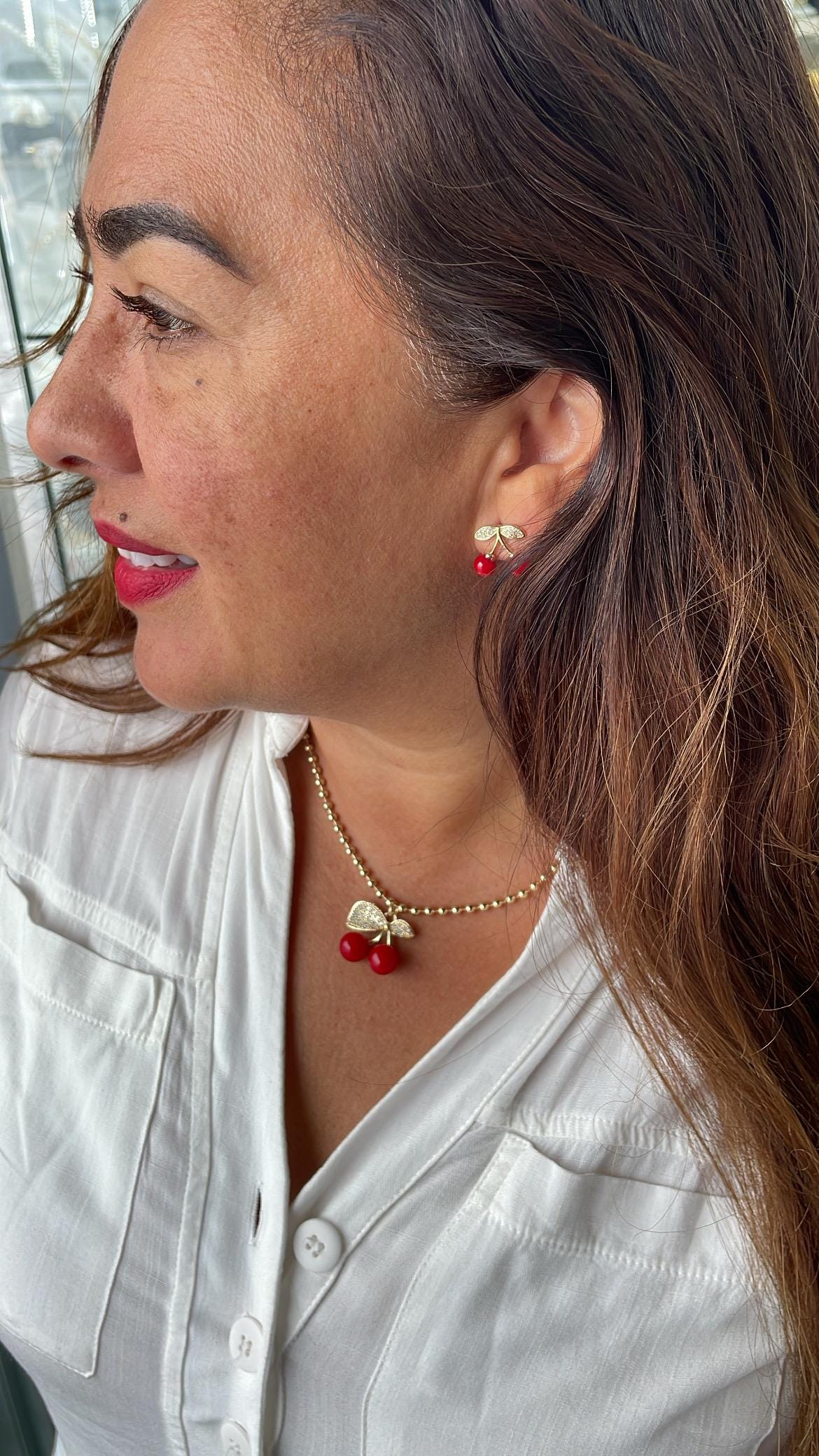 18k Gold Filled Classic Red Cherry Necklace with Beaded Chain Link