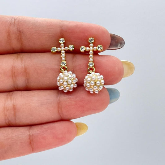 18k Gold Filled Small Pearl Cross Stud and Dangling Sphere