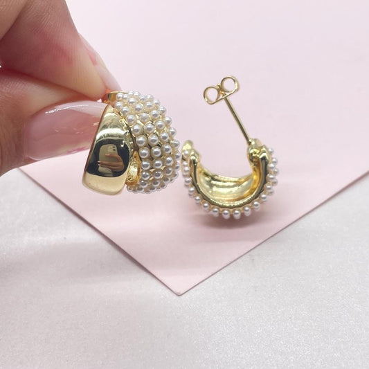 18k Gold Filled Chunky Puffy C-Hoops with Baby Pearls Engraved