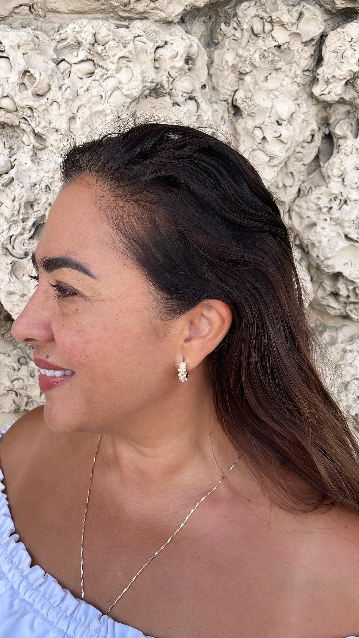 18k Gold Filled Chunky Huggie with Pearl and CZ Stones