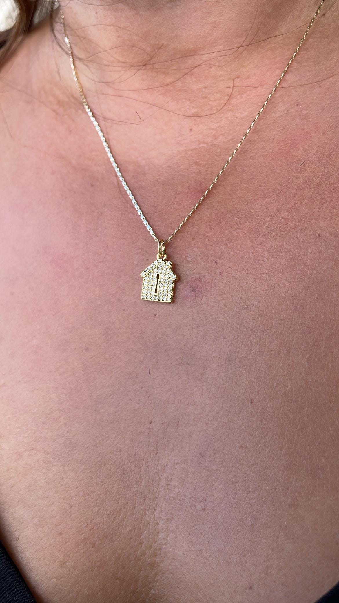 18k Gold Filled Mini House Charm with Key Whole CZ Pave