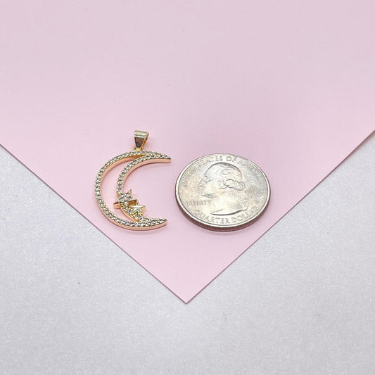 18k Gold Filled Large CZ Pave Moon & Star Necklace Charm