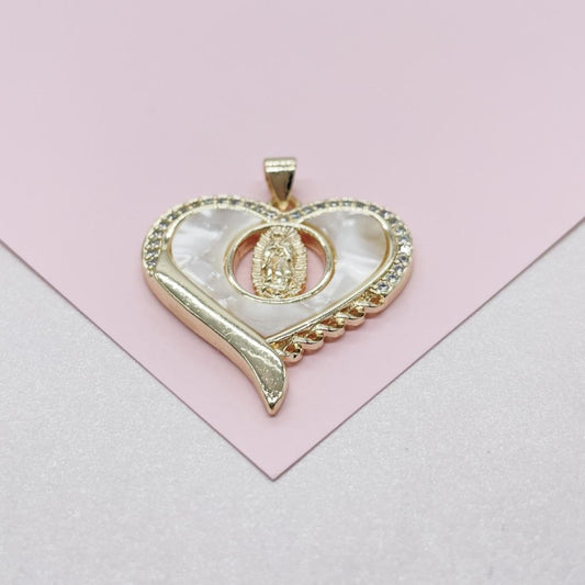 18k Gold Filled Heart Pendant with Mother Of Pearl Stone & Engraving of Virgin Mary Topped with CZ