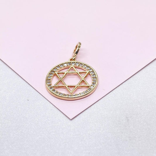 18k Gold Filled Large Star of David Outline Pendant Crowned with CZ Stones