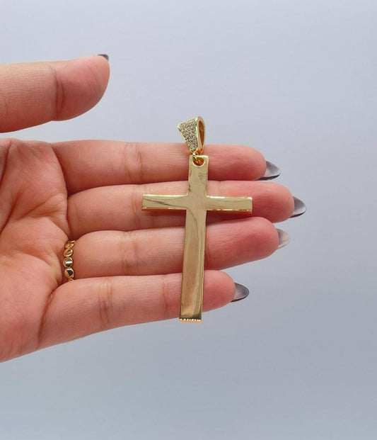 18k Gold Filled Long Plain Smooth Cross with CZ Bail
