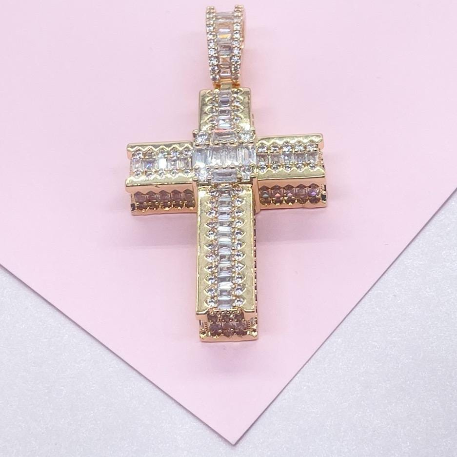 18k Gold Filled XL Crucifix Covered in Baguette cut stones, Round CZ in Prong and Beveled Setting