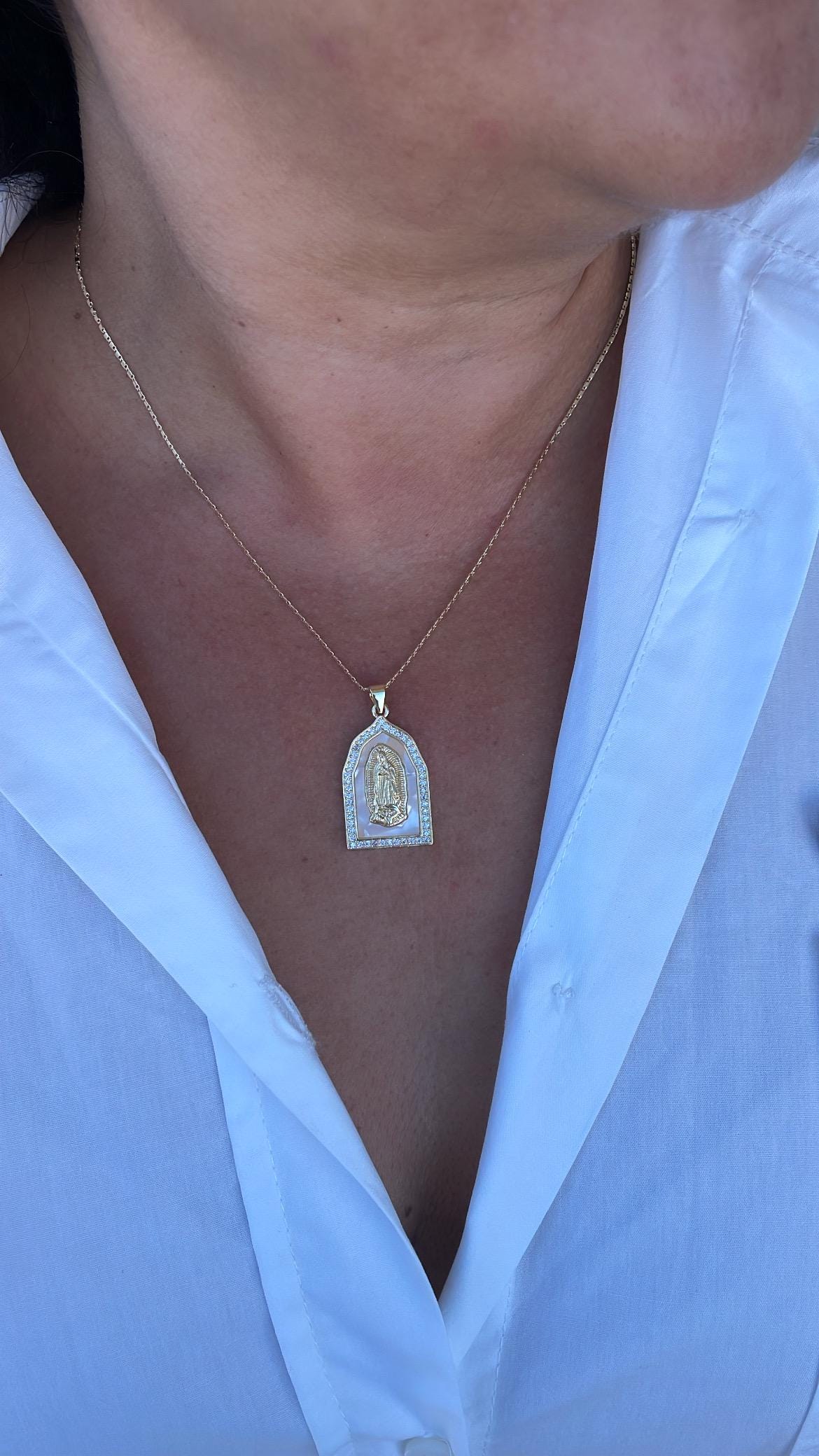 18k Gold Filled Mother of Pearl Rectangle Medallion Engraved with Virgin Mary & CZ