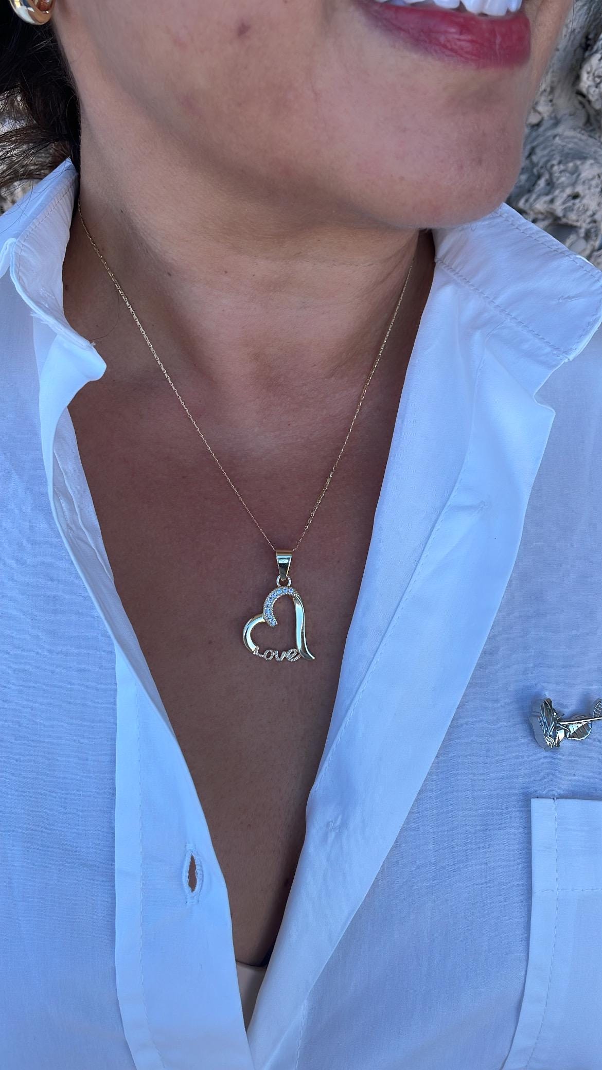 18k Gold Filled XL Engraved Love Heart Pendant with cz