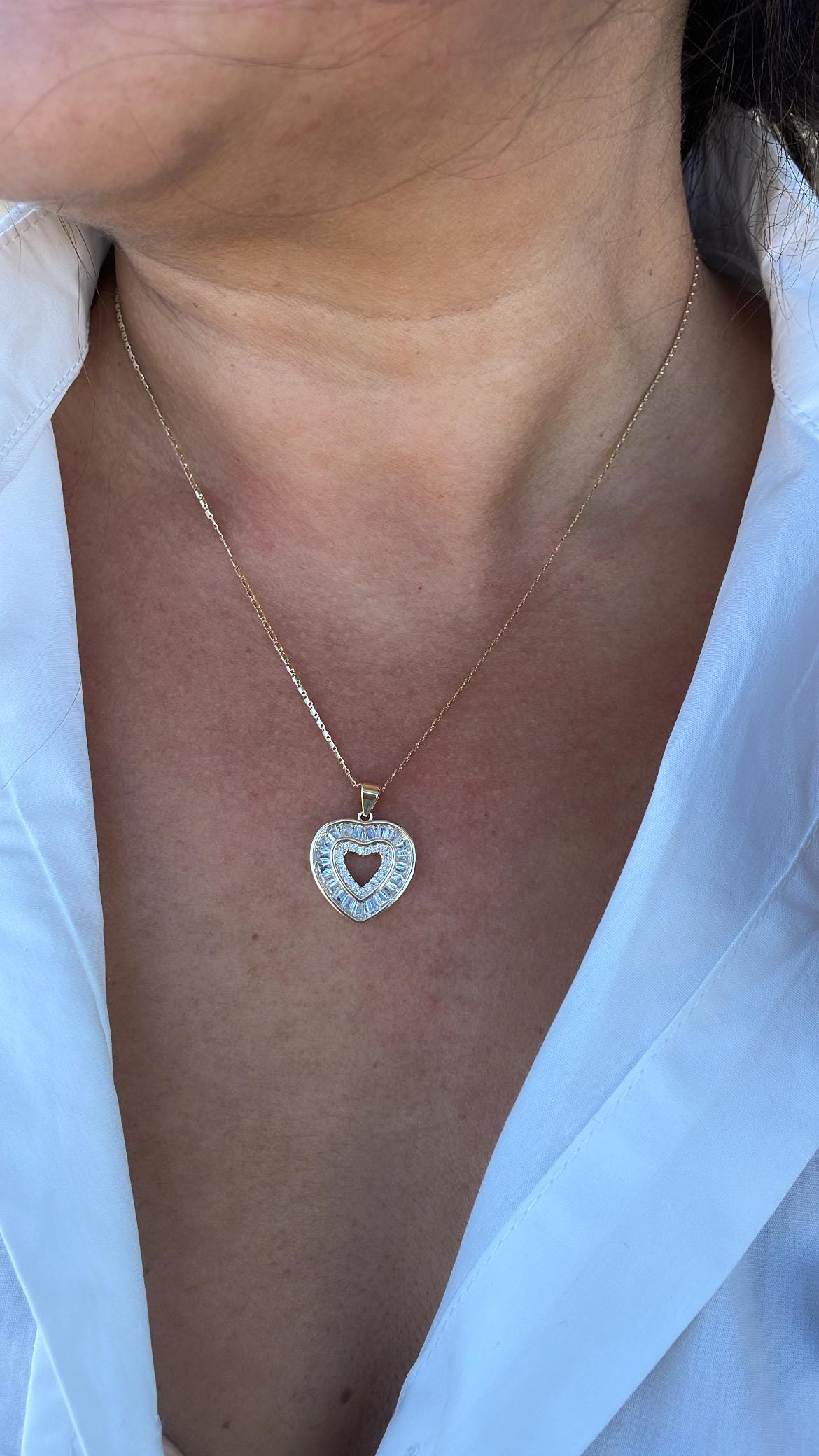 18k Gold Filled Heart Pendant Crowned with Baguette Cut Stones And Round CZ Stones