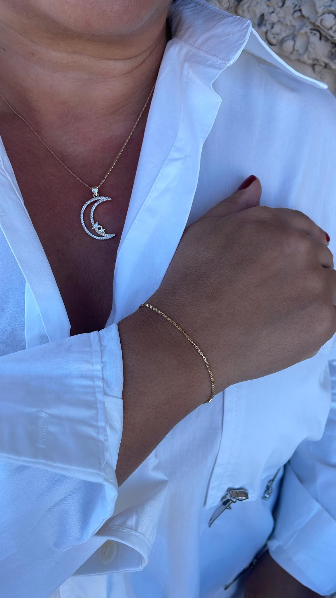 18k Gold Filled Large CZ Pave Moon & Star Necklace Charm