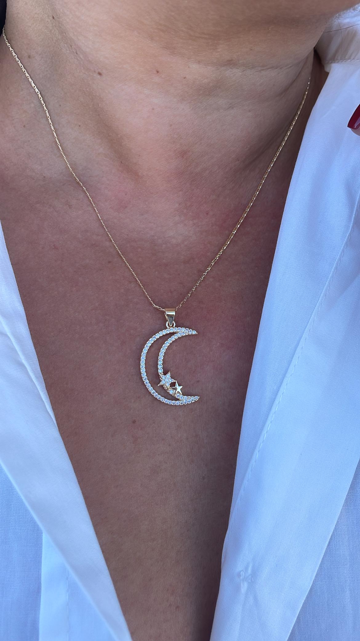 18k Gold Filled Large CZ Pave Moon & Star Necklace Charm