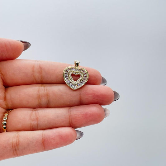 18k Gold Filled Heart Pendant Crowned with Baguette Cut Stones And Round CZ Stones