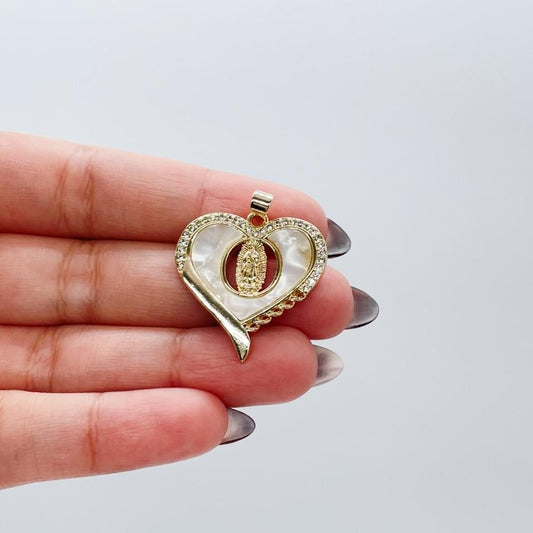 18k Gold Filled Heart Pendant with Mother Of Pearl Stone & Engraving of Virgin Mary Topped with CZ