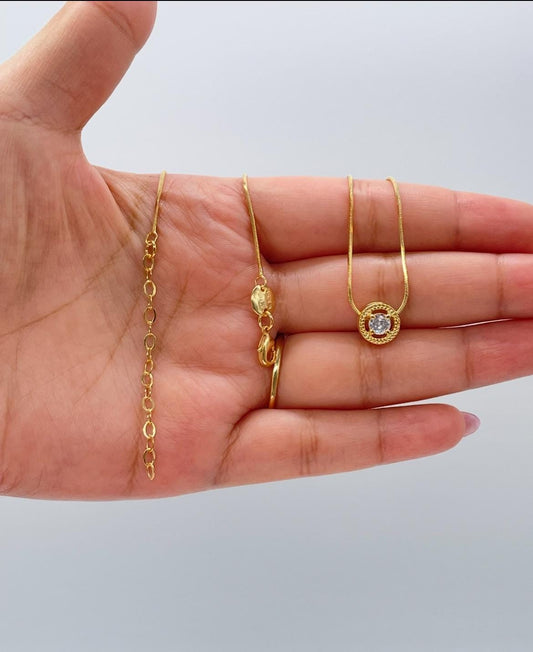 18k Gold Filled Minimalist Herringbone\Box Chain Necklace with Solitaire CZ Pendant