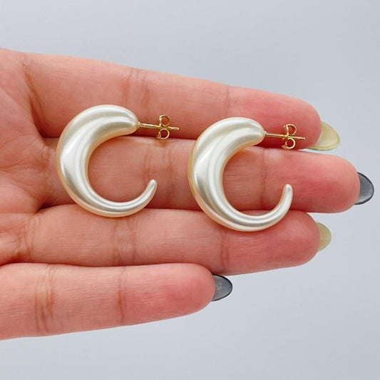 Synthetic Pearl Hoop Earrings, Elegant C-Hoop Design