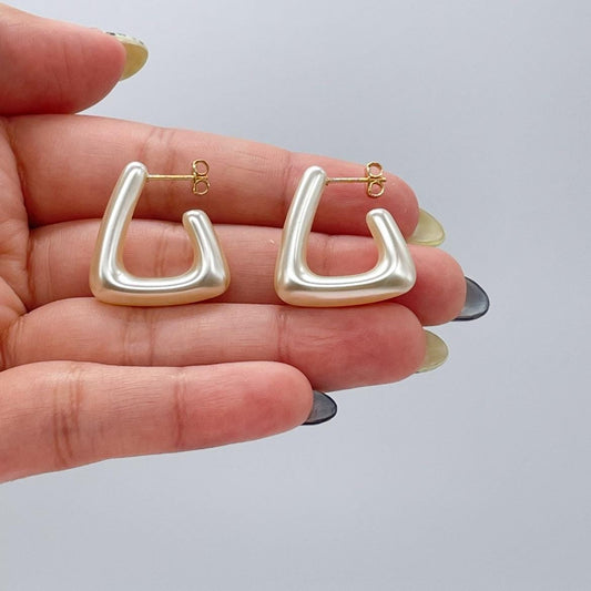 Triangle Faux Pearl Hoop Earrings, Modern Jewelry