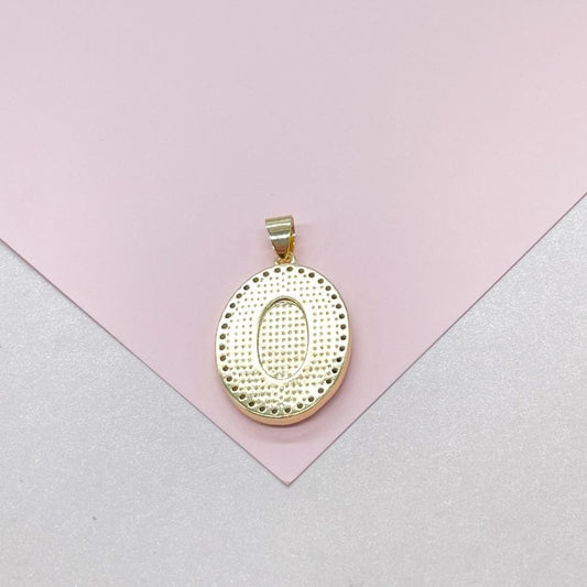 18k Gold Filled Mother of Pearl Oval Medallion Engraved with Virgin Mary & CZ