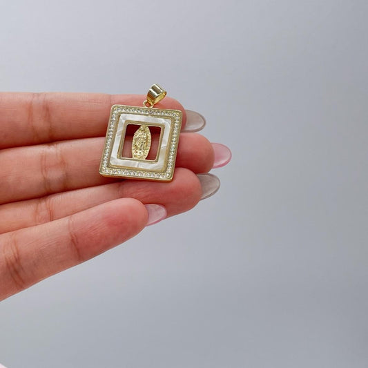 18k Gold Filled Mother of Pearl Square See Through Medallion Engraved with Virgin Mary & CZ