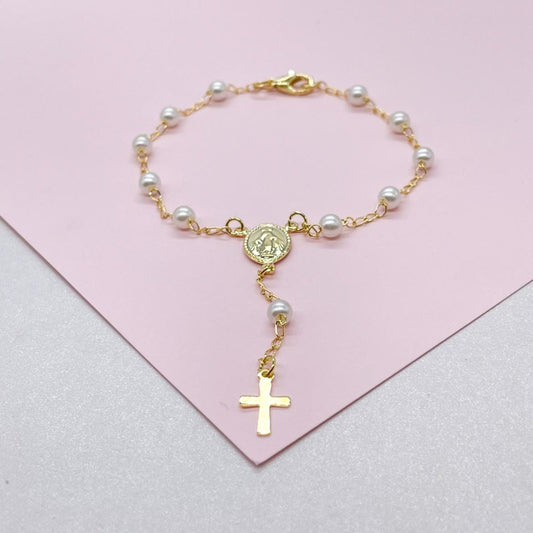 18k Gold Filled Pearl Rosary Bracelet: Virgin Mary Crucifix Charm