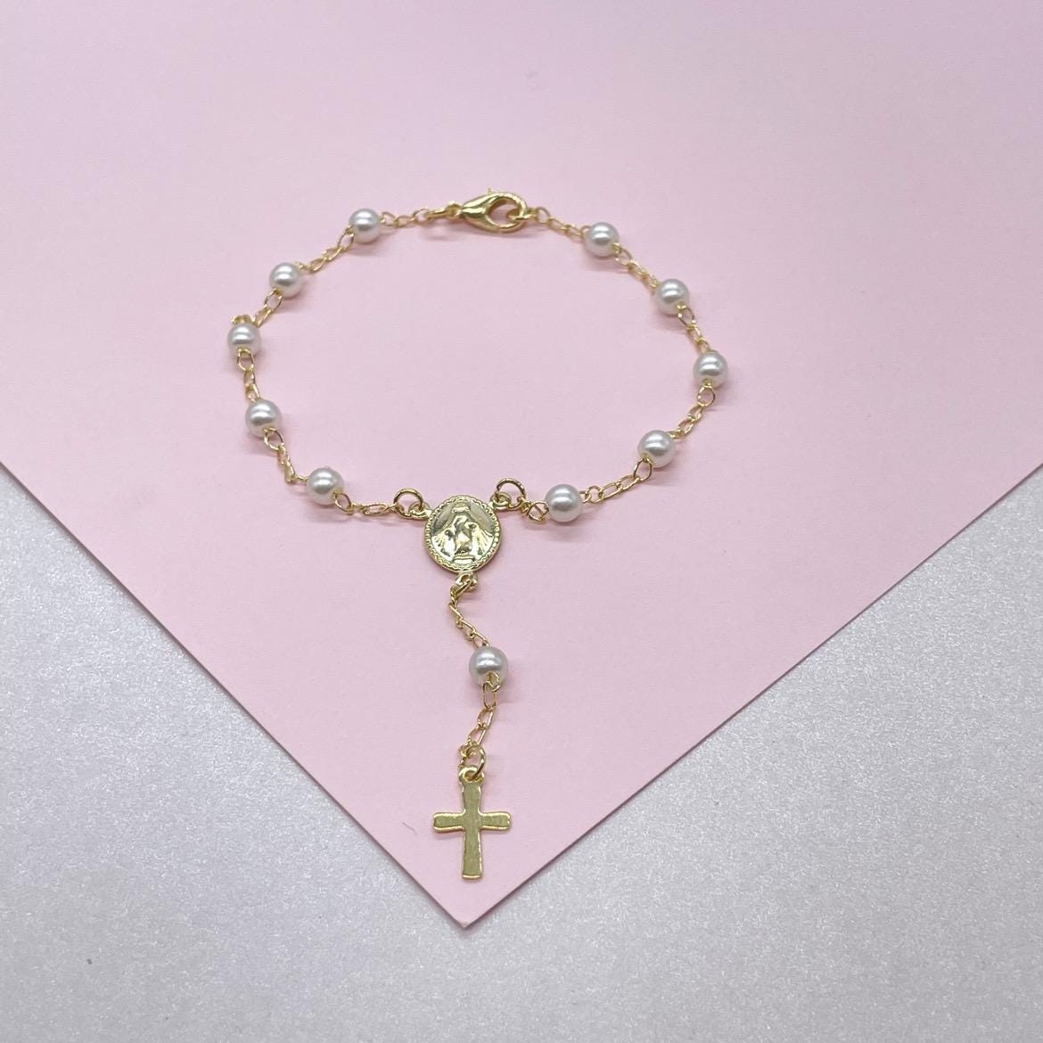 18k Gold Filled Pearl Rosary Bracelet: Virgin Mary Crucifix Charm