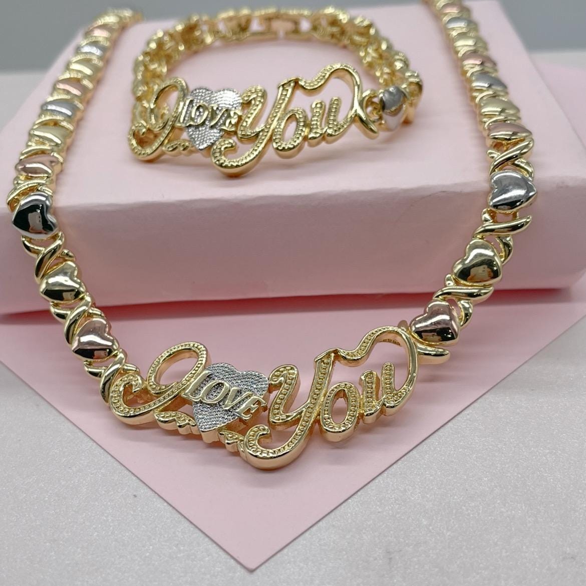 18k Gold Filled "Love You" Heart XOXO Bracelet and Necklace Set