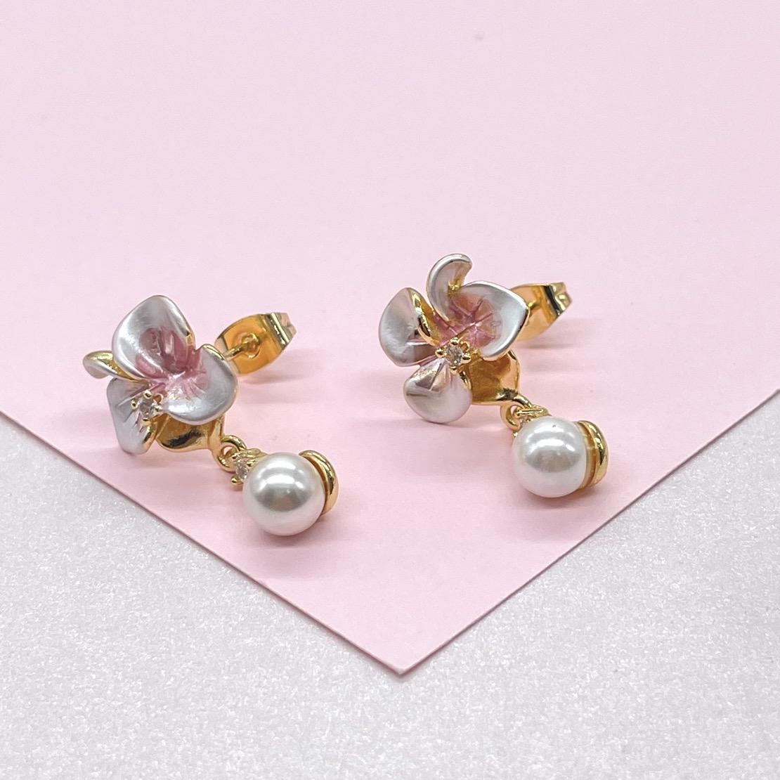 18k Gold Filled Hand Painted, Hibiscus Flower Earring with Dangling Faux Pearl