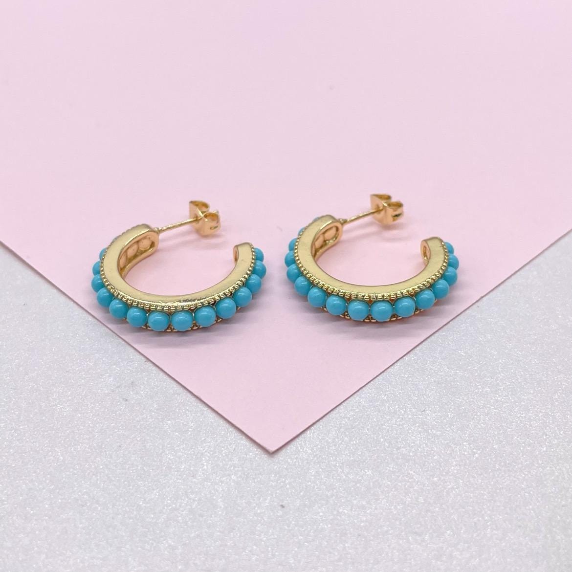 18k Gold Filled Turquoise Beaded 25mm Hoop Earrings