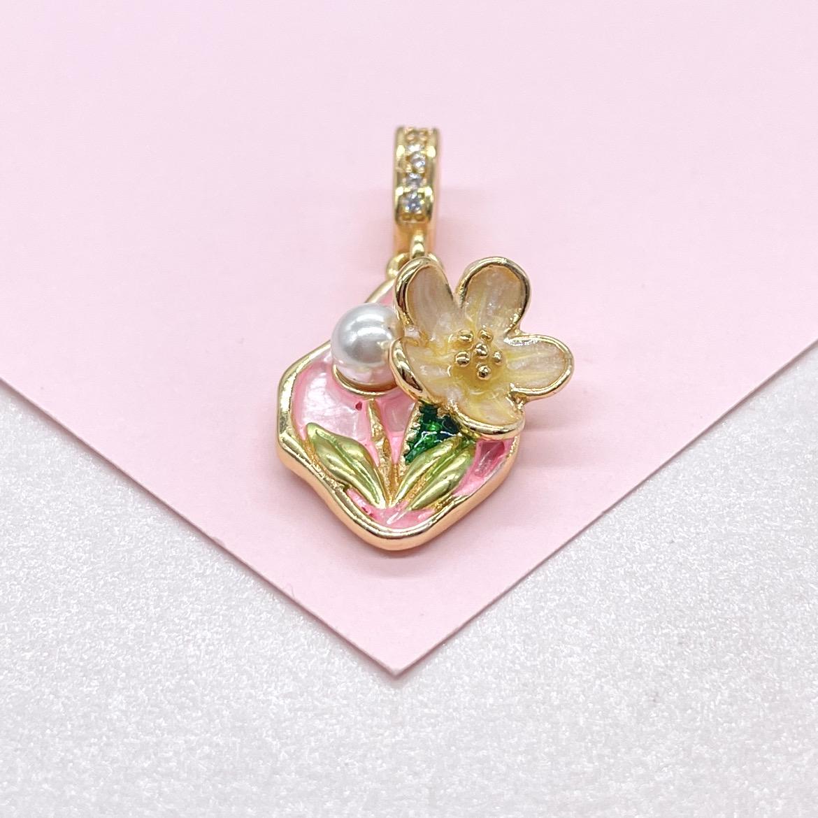 18k Gold Colorful Oval Enamel Heart Charm with 3D Flower and Faux Pearl Details