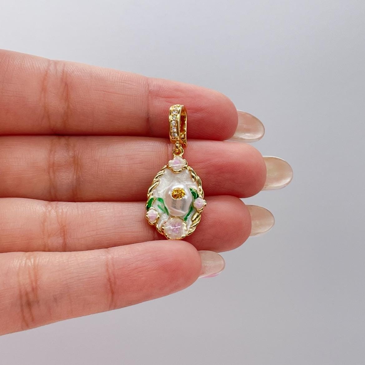 18k Gold Colorful Handmade Enamel Charms with Faux Pearls and Floral Detail