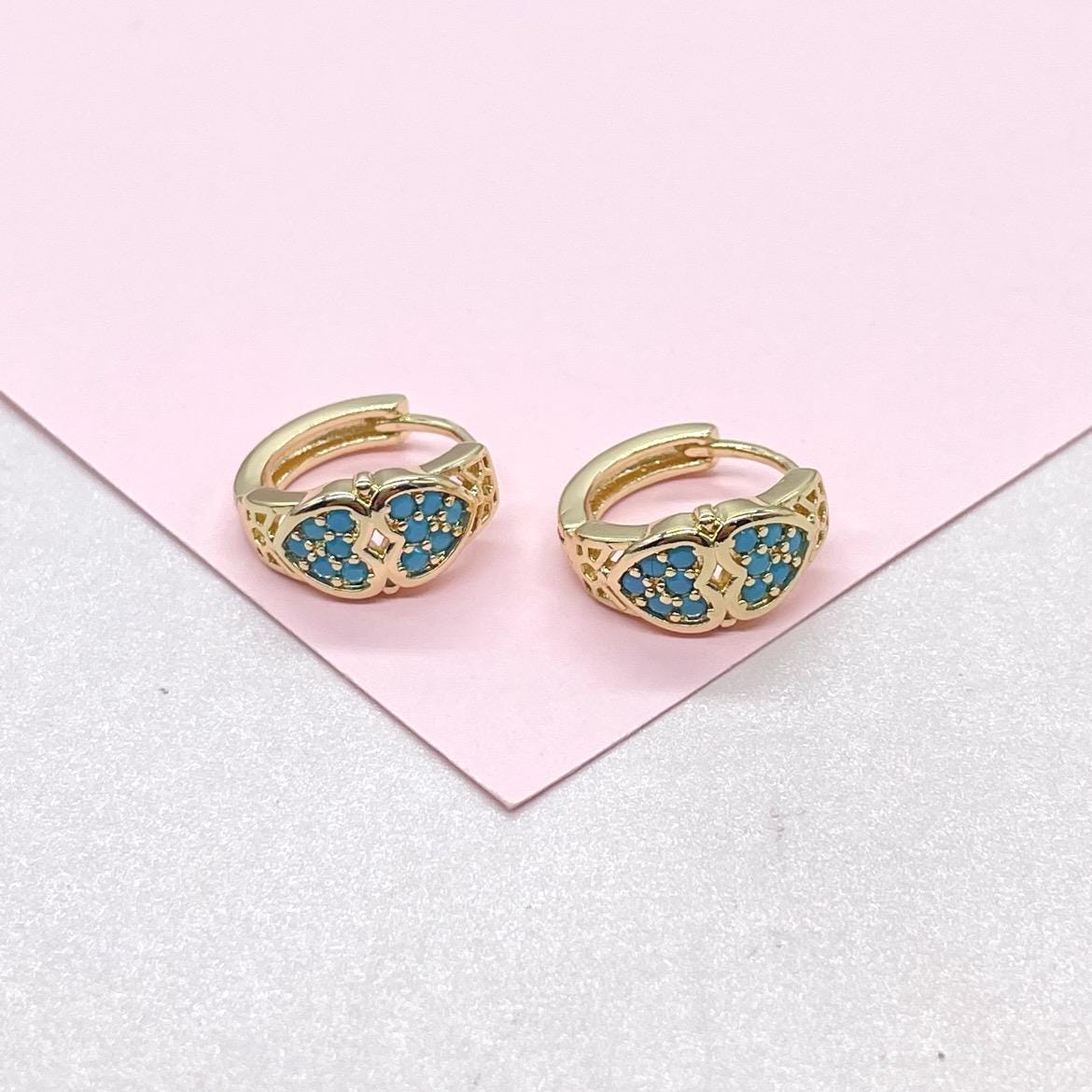 18k Gold Filled Turquoise Double Heart 15mm Hoop Earrings
