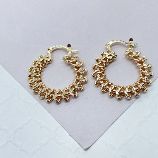 18k Gold Layered Flat Chain Twisted Wrapped Hoops