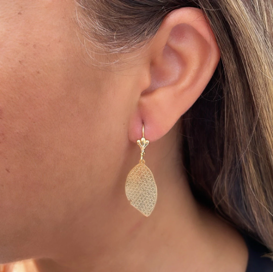 18k Gold Layered Flat Leaf Dangling Earrings