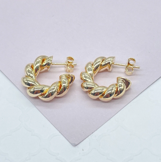 18k Gold Layered Croissant 20mm Twisted Pushback Open Hoop Earring C-Hoop