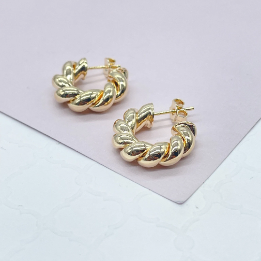 18k Gold Layered Croissant 20mm Twisted Pushback Open Hoop Earring C-Hoop
