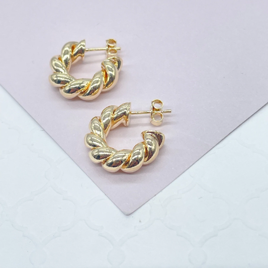 18k Gold Layered Croissant 20mm Twisted Pushback Open Hoop Earring C-Hoop