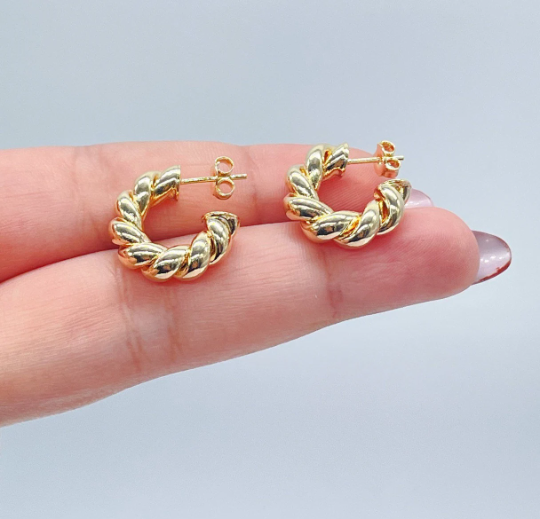 18k Gold Layered Croissant 20mm Twisted Pushback Open Hoop Earring C-Hoop