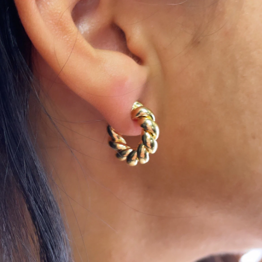 18k Gold Layered Croissant 20mm Twisted Pushback Open Hoop Earring C-Hoop